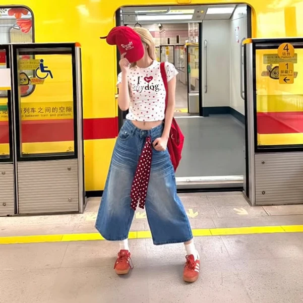 美式复古高街水洗七分牛仔裤女款爆款2025夏季新款高腰显瘦七分裤