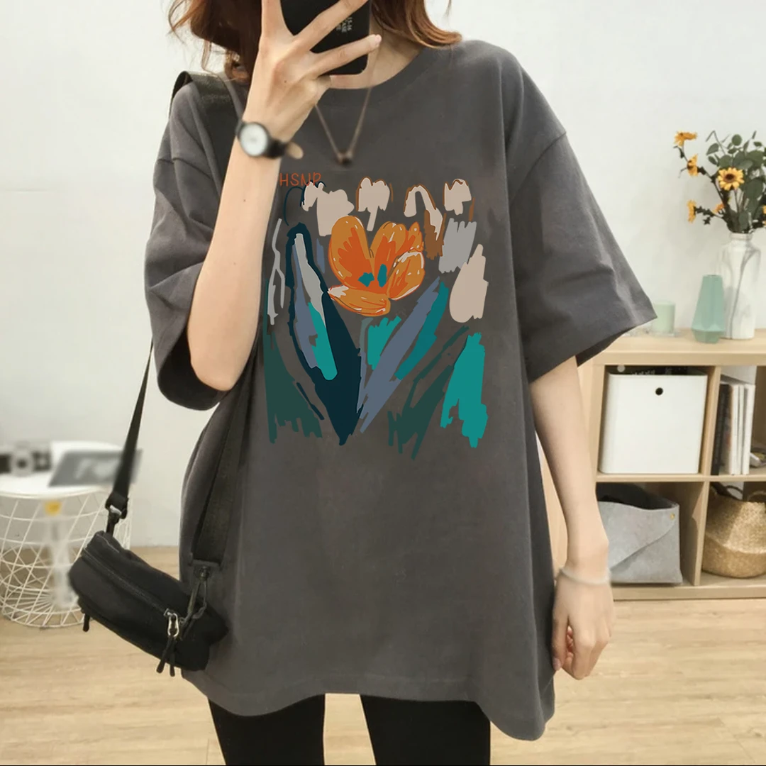 HSNP纯棉美式复古短袖t恤女2025夏季新款宽松百搭INS半袖情侣上衣