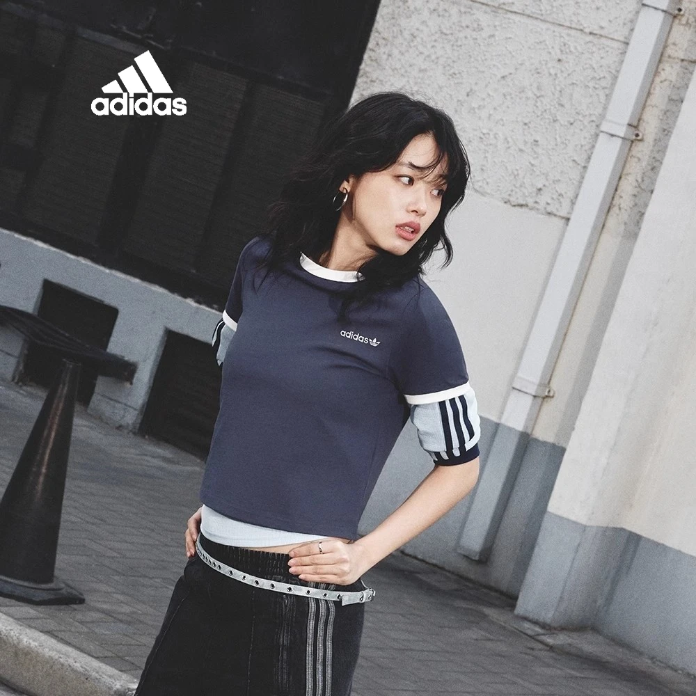 adidas/阿迪达斯三叶草夏女款经典复古棉运动休闲短袖藏青圆领t恤