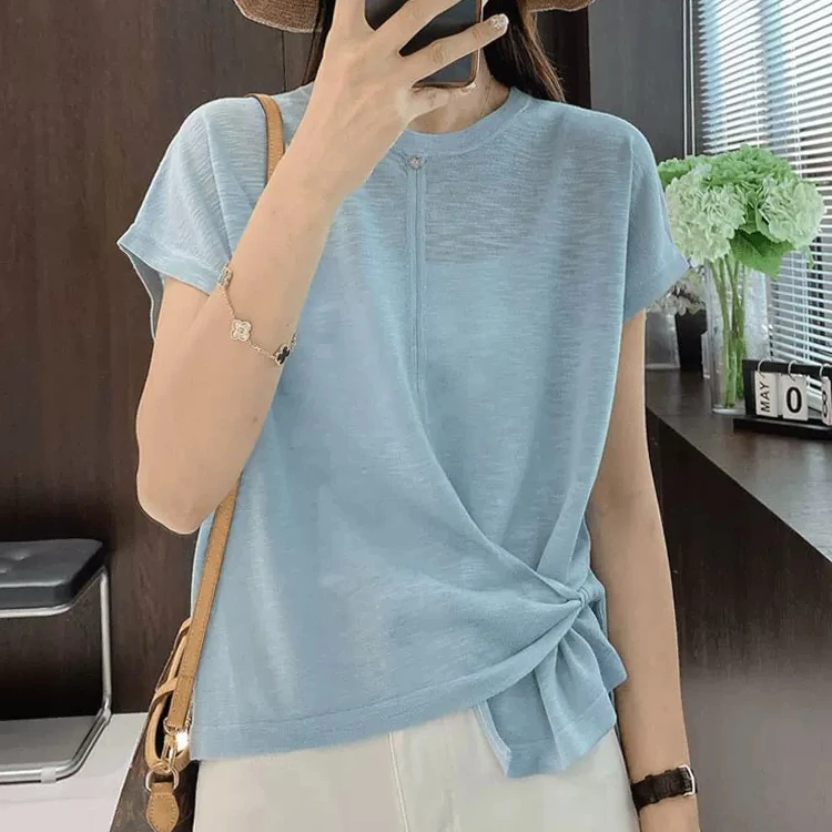 卡莲格/设计感微透雪花棉薄款短袖T恤女夏季款不规则打结贝壳上衣