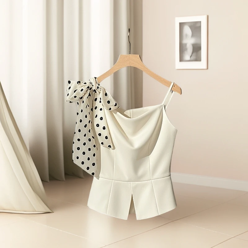 发撒气质波点蝴蝶结吊带背心T恤女夏季2025新款时尚修身露肩上衣