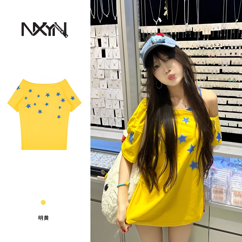 NXYN女士短袖t恤斜肩上衣黄色星星露肩印花女夏季韩版宽松显瘦T恤