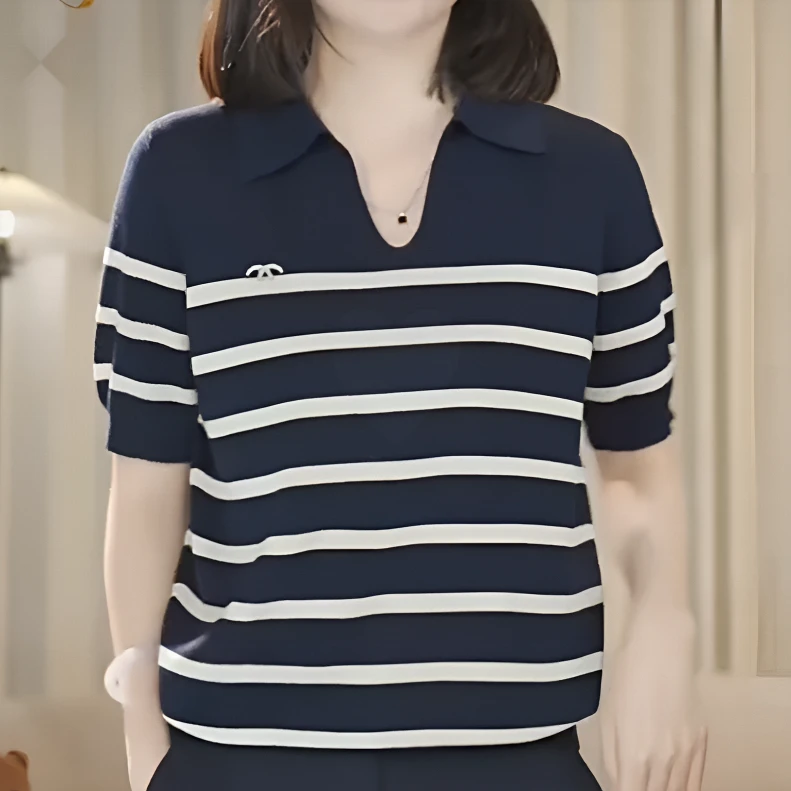 【100%莱赛尔天丝】别致设计感条休闲百搭小衫纹短袖上衣女时尚撞色