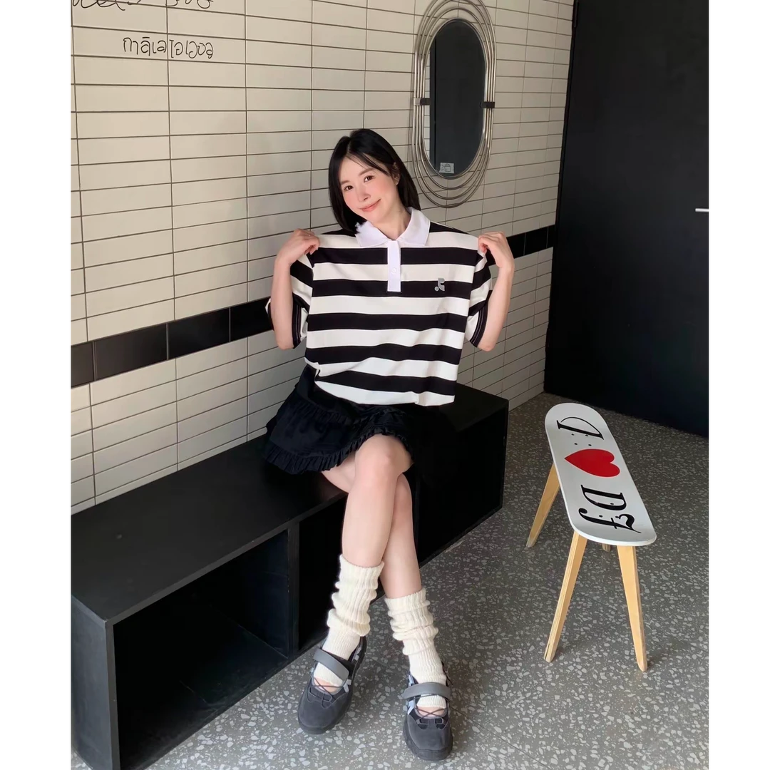 Rovely【R经典条纹polo短袖】原单定制oversize宽松刺绣字母T恤