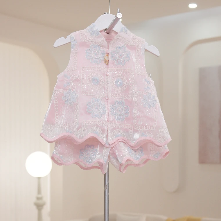 【花韵】中国风唐装薄款无袖女童套装单排扣古装女宝夏季中式SA3074