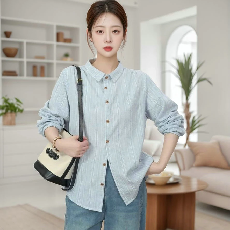 慵懒风蓝白条纹女装衬衫韩版宽松百搭时尚显瘦复古叠穿内搭上衣