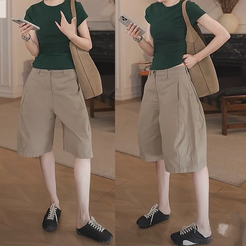香朵儿气质时尚休闲复古纯色款工装立裁休闲气球五分裤休闲裤女
