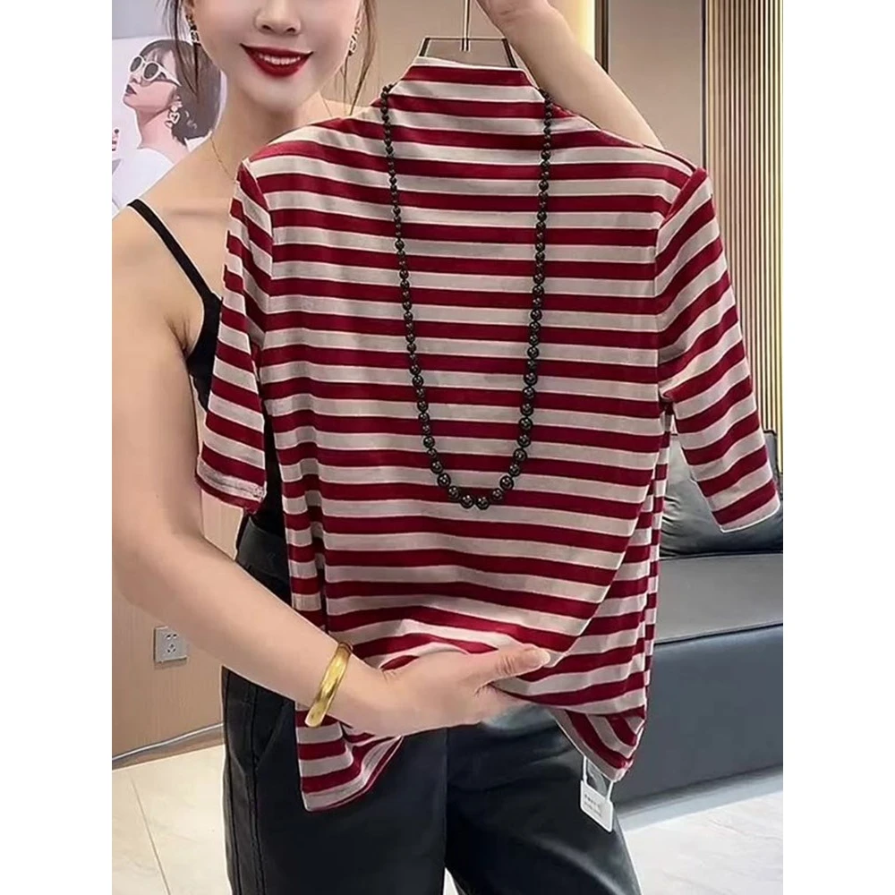 御姐范设计感小众百搭红色条纹高领短袖秋季宽松休闲时髦洋气上衣