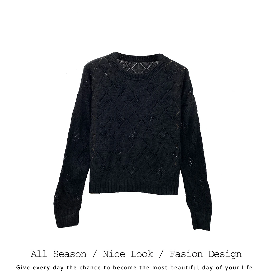 582     时尚黑色菱形镶钻镂空舒适圆领长袖    款号#652