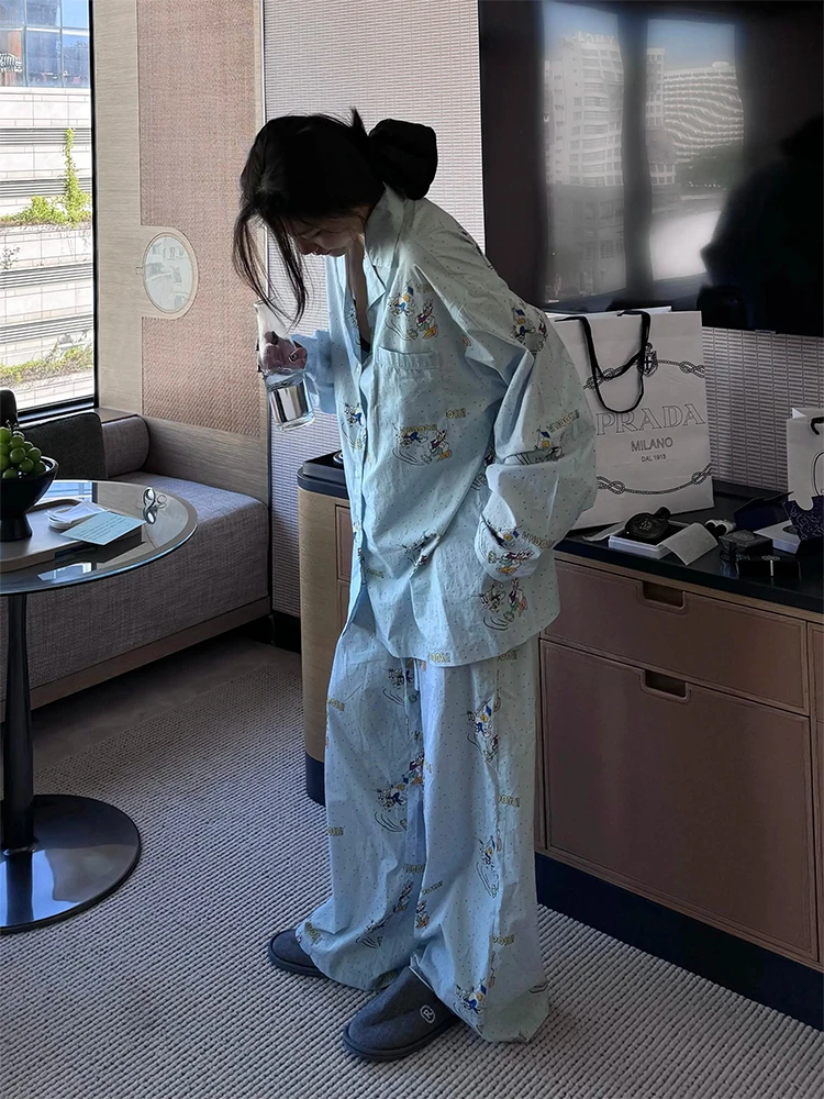 ins可爱卡通唐老鸭睡衣女春秋新款少女学生长袖长裤可外穿家居服