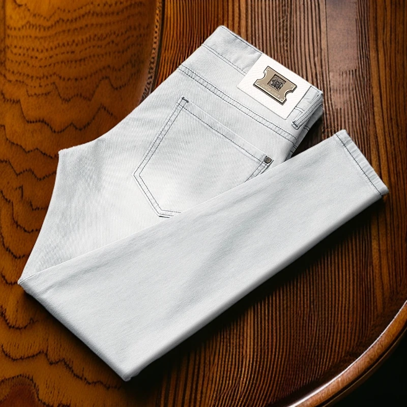 维斯克纳夏季新款薄荷灰牛仔裤男潮流弹力修身小直筒时尚简约百搭