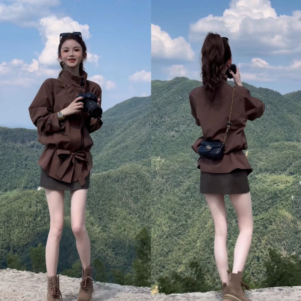 气质春秋立领款下摆蝴蝶结绑带炸街设计感外套