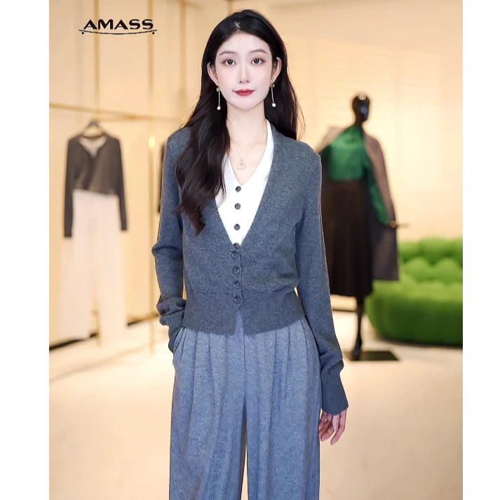 AMASS/阿玛施秋季新款假俩件时尚百搭气质长袖毛针织开衫548006