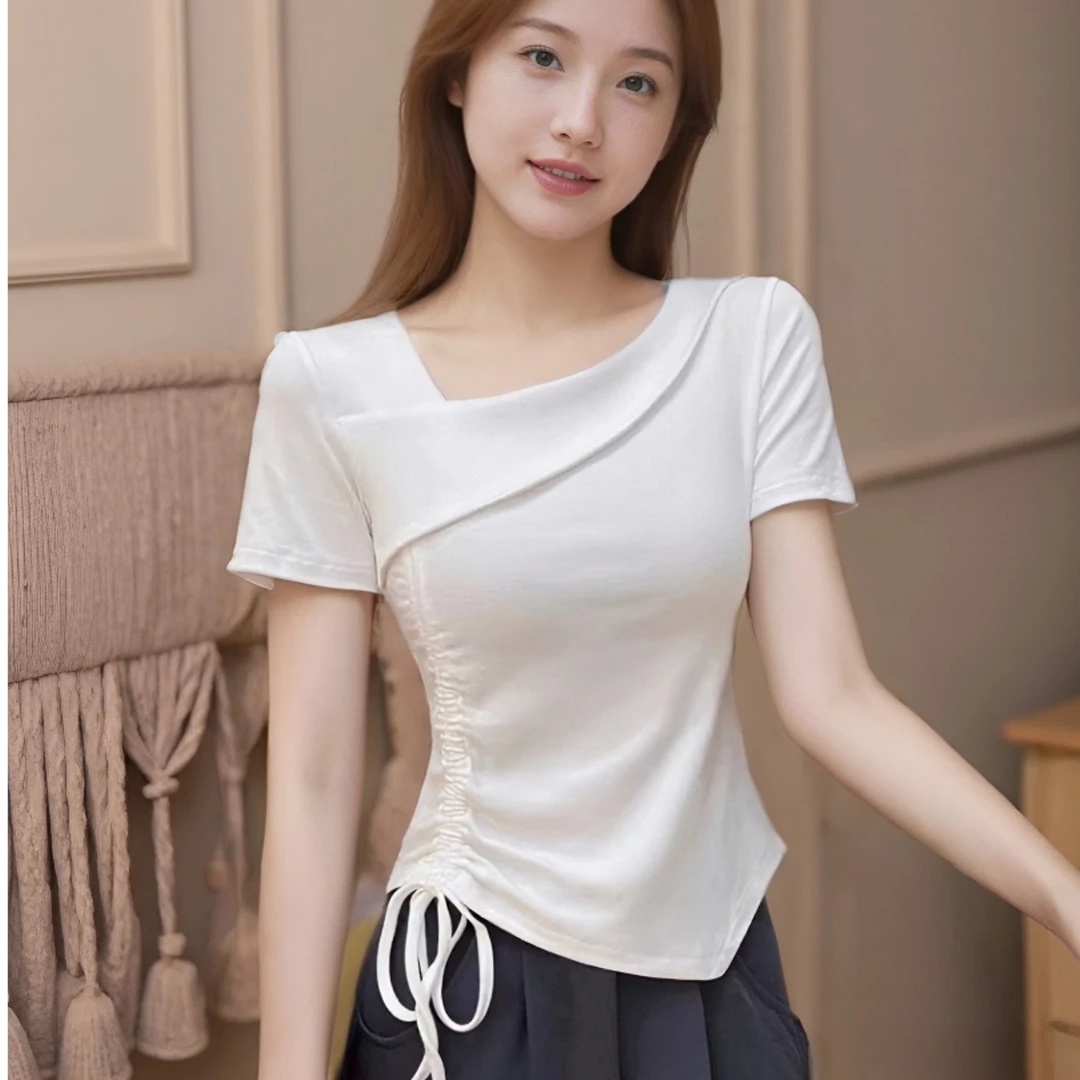 2025夏季斜领显瘦白色舒适T恤女不规则短袖内搭领口新款性感上衣