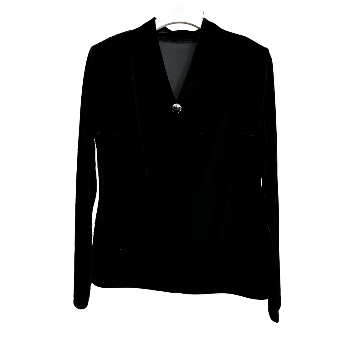 轻奢V领长袖高端丝绒打底衫黑色显瘦女士气质时尚秋冬季百搭上衣