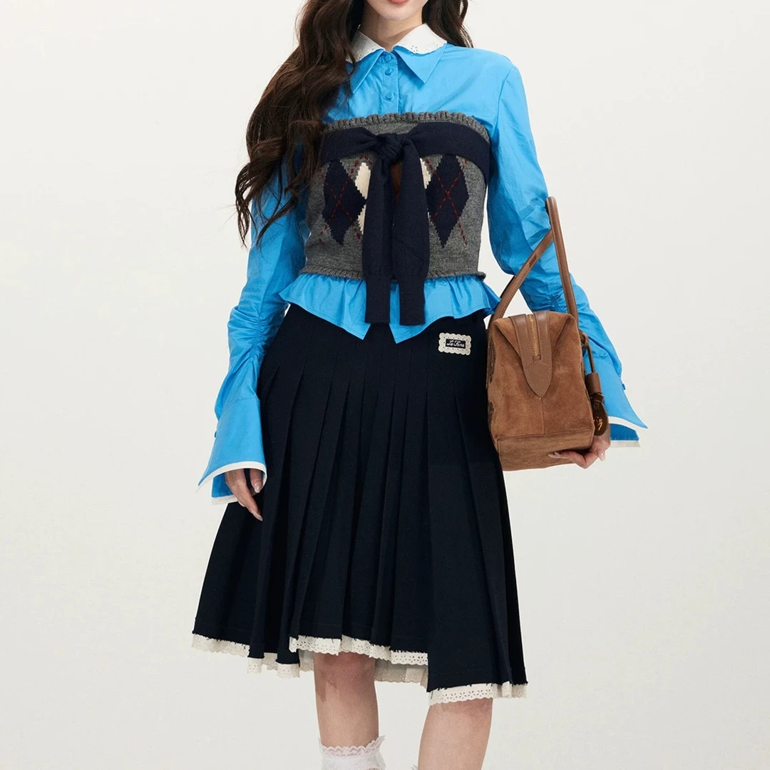 【D359】2026早春新品时尚假两件拼接娃娃领叠穿针织长袖衬衫上衣