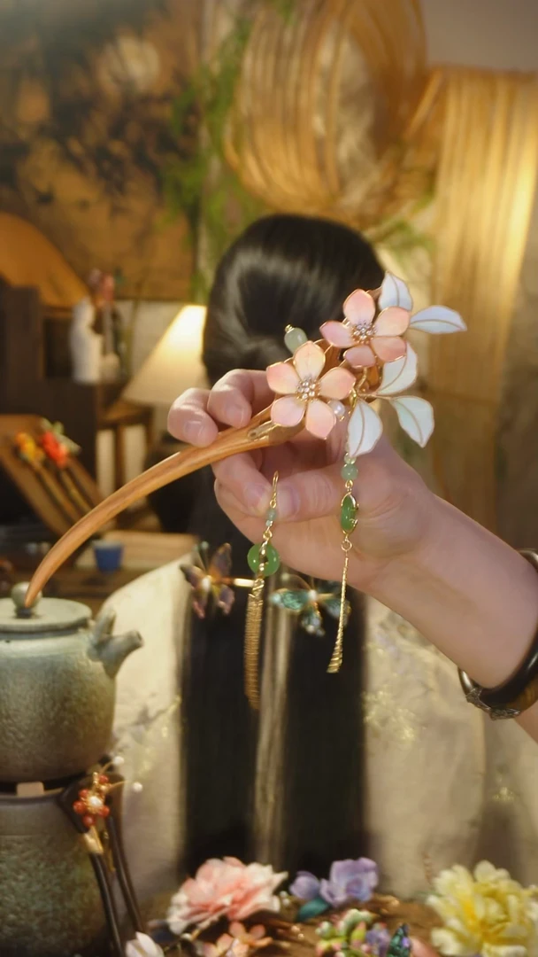 木非遗绒花桃夭步摇