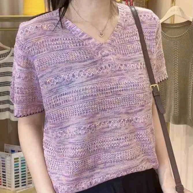 高档减龄花边V领套头短袖小衫女士夏季气质百搭宽松大码针织上衣