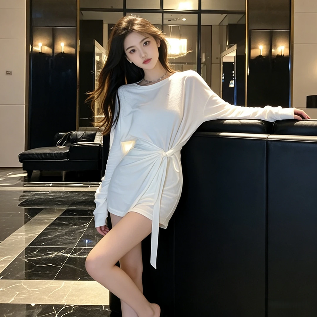 白色圆领长袖细绳收腰短款上衣女春季法式优雅轻奢性感女神范内搭