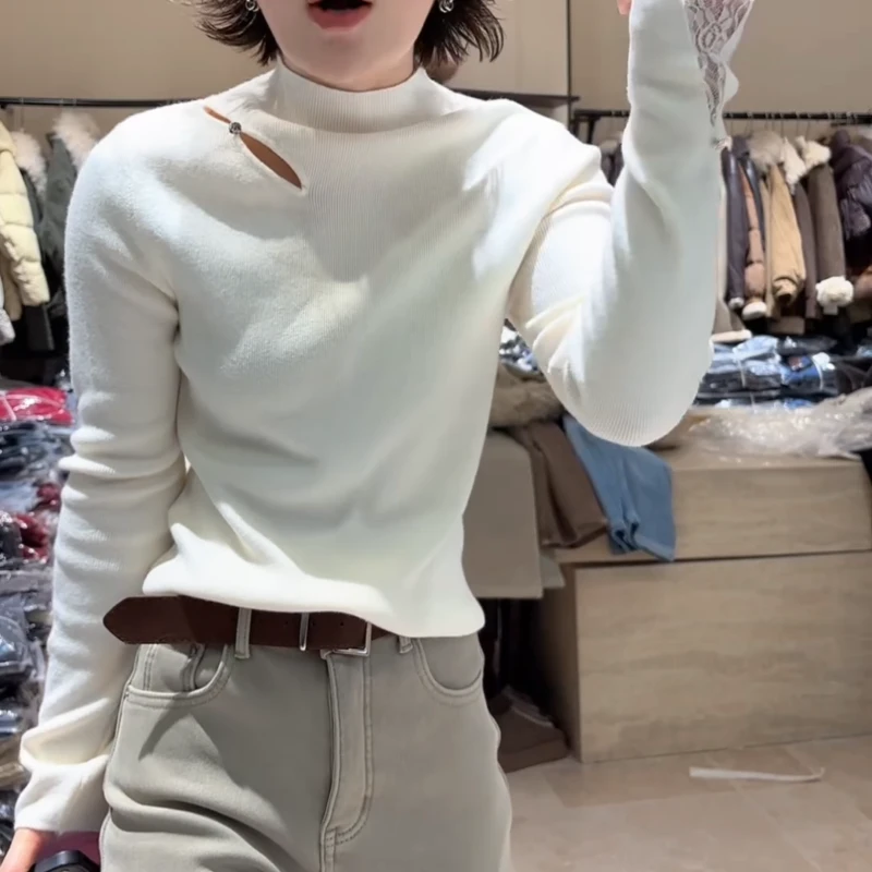 2025新款冬季中领袖口分叉拼接蕾丝百搭针织衫上衣LK2508183