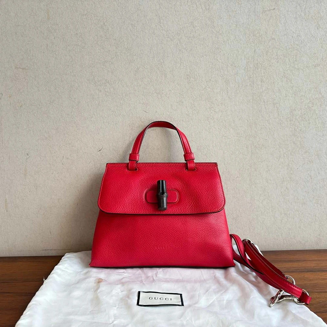 95新 GUCCI/古驰 红色全皮竹节bamboo daily