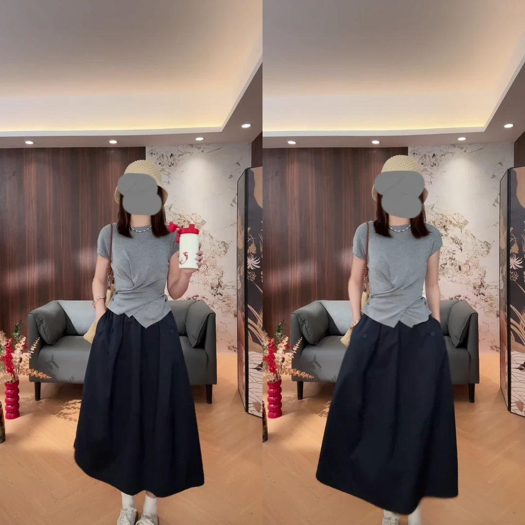 夏装2025年新款针织收腰显瘦休闲短袖T恤上衣小众+半身裙两件套