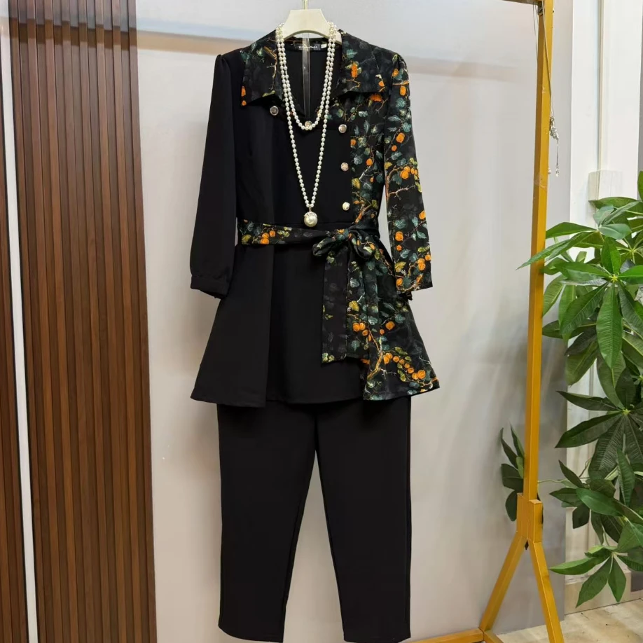 早秋新款大码女装时尚气质AB版美式设计气质拼接显瘦套装