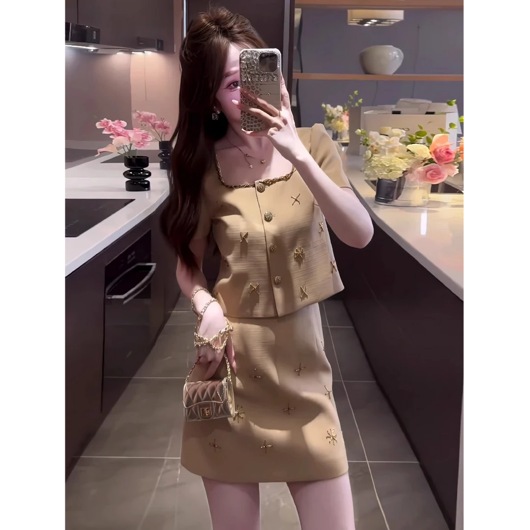 名媛风重工钉珠时尚套装女夏季新款方领短袖衬衫+高腰短裙两件套