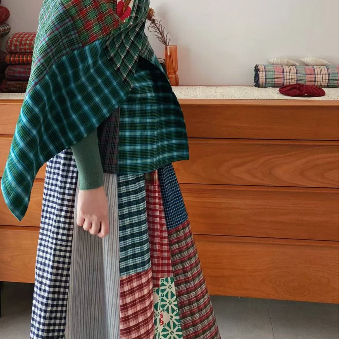 语三晚 土布拼接半身裙双层复古格子A字裙