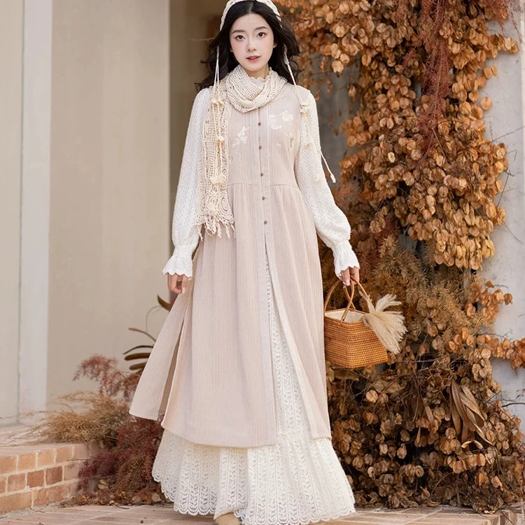 池夏【立春:杏仁奶油】汉元素长比甲针织衫蕾丝裙原创改良汉服 春