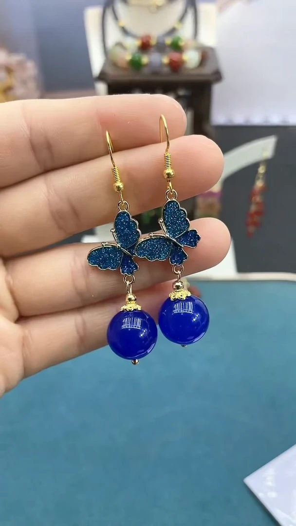 【闪购商品】玛瑙/玉髓耳饰14K金镶嵌蓝蝴蝶耳钩*蓝