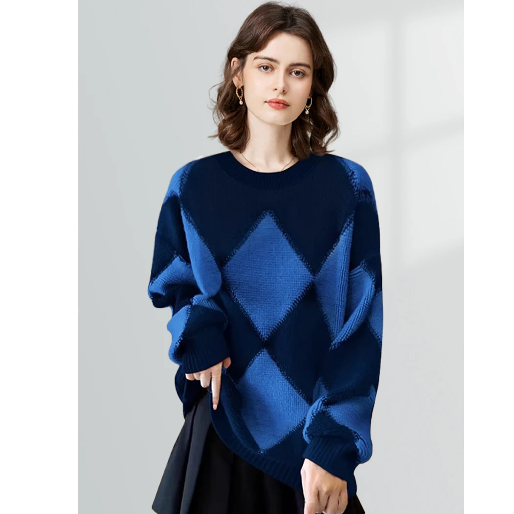 大码高端毛衣女24年冬新款复古撞色套头针织衫BH424WGZ14863