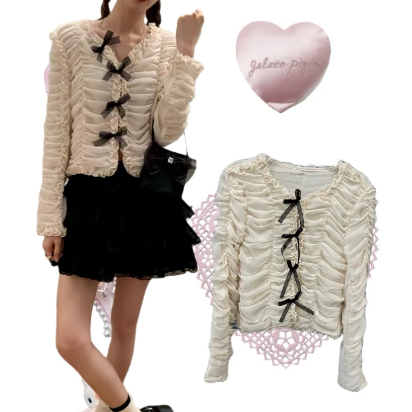 【安-焦糖可可】 法式蝴蝶结褶皱小香上衣小众精致圆领上衣蕾丝气质