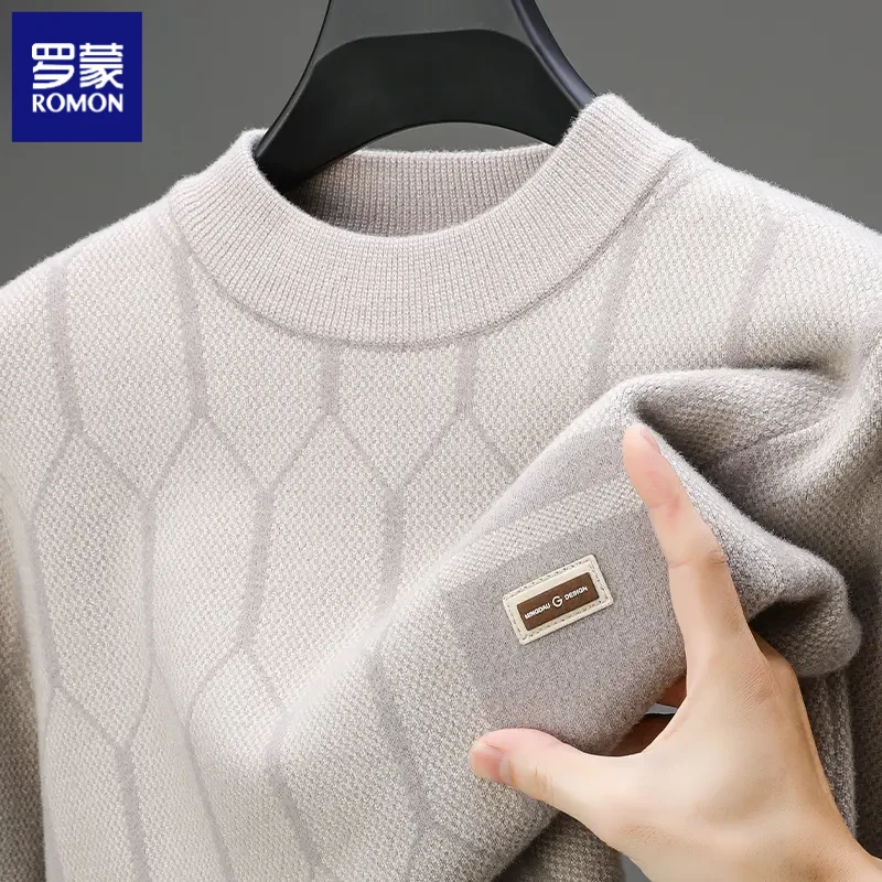 罗蒙时尚蜂窝状提花针织衫秋冬季半高领休闲中青年潮流韩版毛衣男