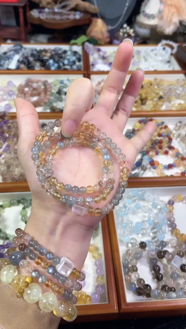 未镶嵌手串水晶多宝三圈】天然灰月光黄塔晶黑金超七三圈手串