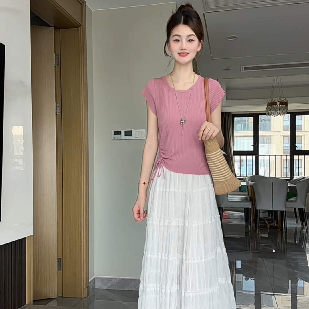 【现货】夏季抽绳飞飞袖针织衫短袖女修身韩版时尚冰丝T恤设计感