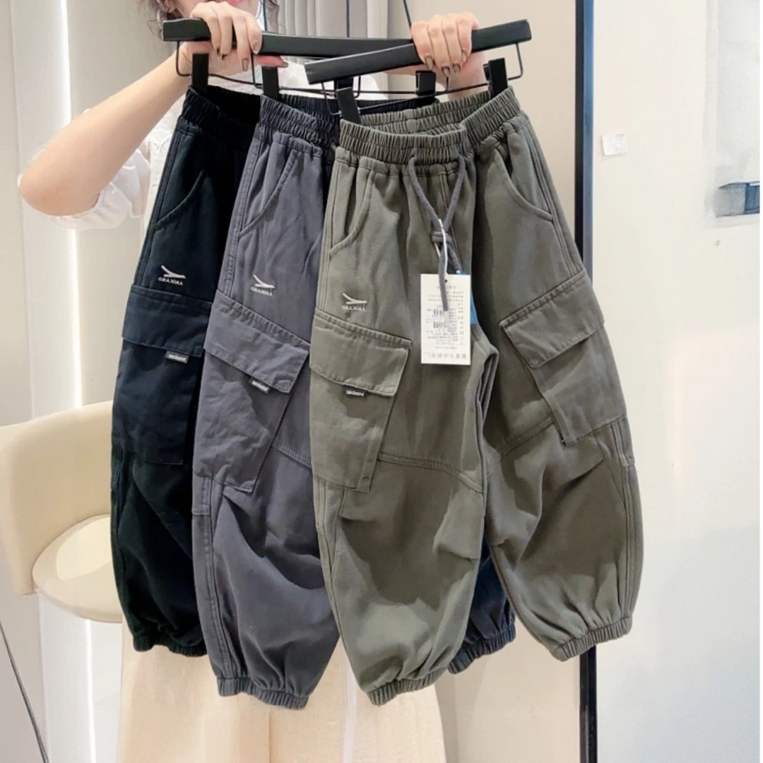 纯棉儿童一体绒工装裤2025冬季新品洋气韩版男女童加绒潮束脚长裤