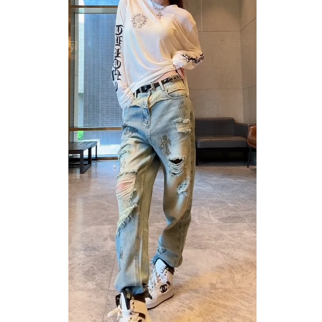 夏季高腰牛仔裤女洋气百搭显瘦痞帅窄版破洞拼接腰烫钻牛仔