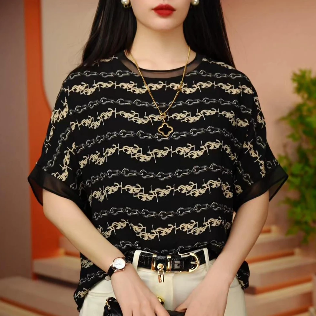 YC 夏季高端优雅时尚百搭轻奢气质显瘦减龄洋气印花短袖上衣8015