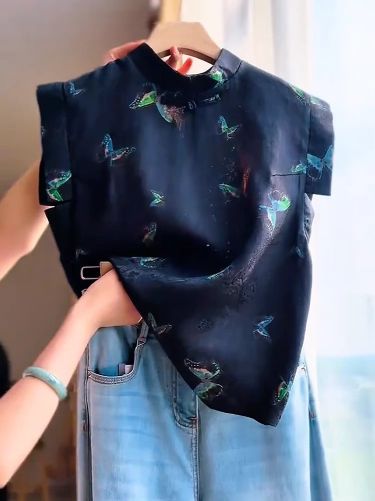 新中式国风花萝提花彩蝶印花小飞袖衬衫女夏季洋气减龄百搭上衣