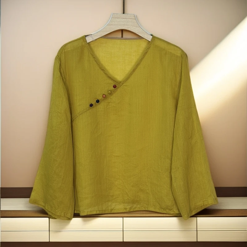 彩虹扣v领夏季衬衫复古气质喇叭袖上衣茶服提花宽松斜襟短款25316