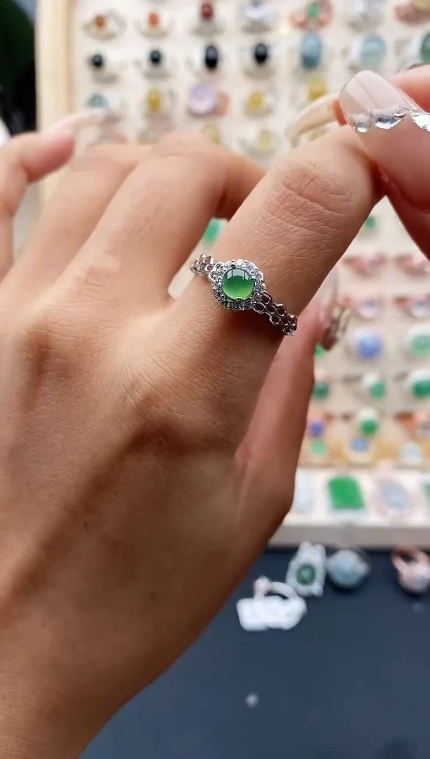 【闪购商品】翡翠戒指银S925镶嵌缅甸天然A货翡翠555  4+6