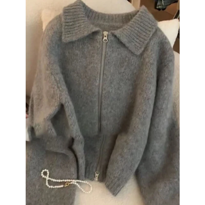 巨好看！墙裂推荐！灰色双拉链毛衣外套女针织衫秋季冬短款开衫上衣