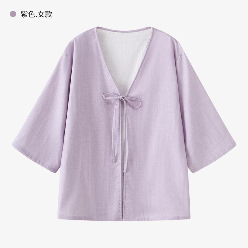 【段姐家居服】全棉双层棉纱系带七分袖开衫夏天大码纯色宽松可外穿