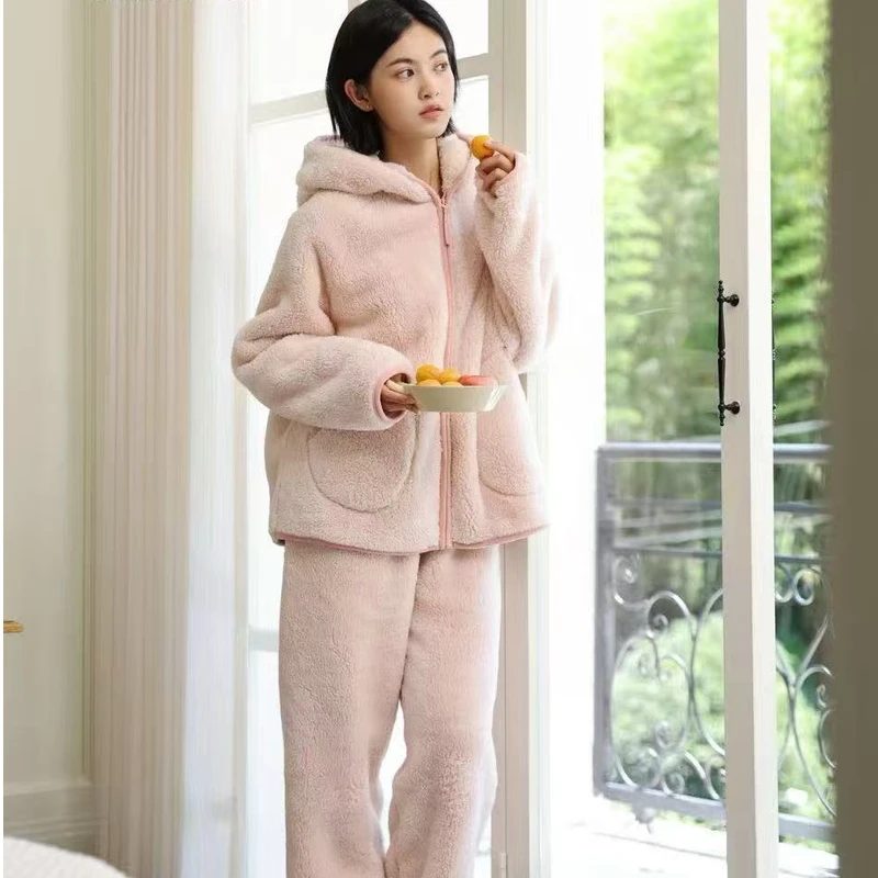 【达人专属】冬季睡衣女新款连帽甜美套装可外穿秋冬加厚加绒家居服