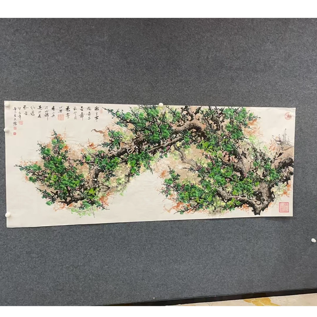 王夫怀-《傲雪红梅贵千金》绿-八尺横幅宣纸-纯手绘作品