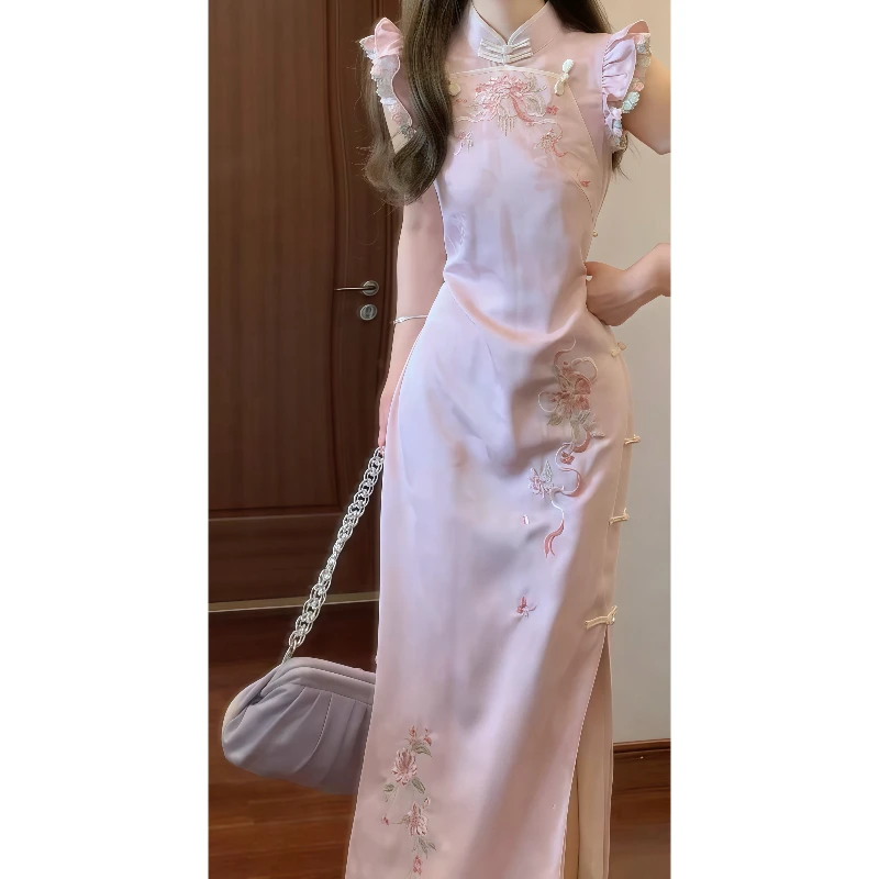 新中式国风绝美粉色精致改良旗袍连衣裙小飞袖收腰气质长裙9653