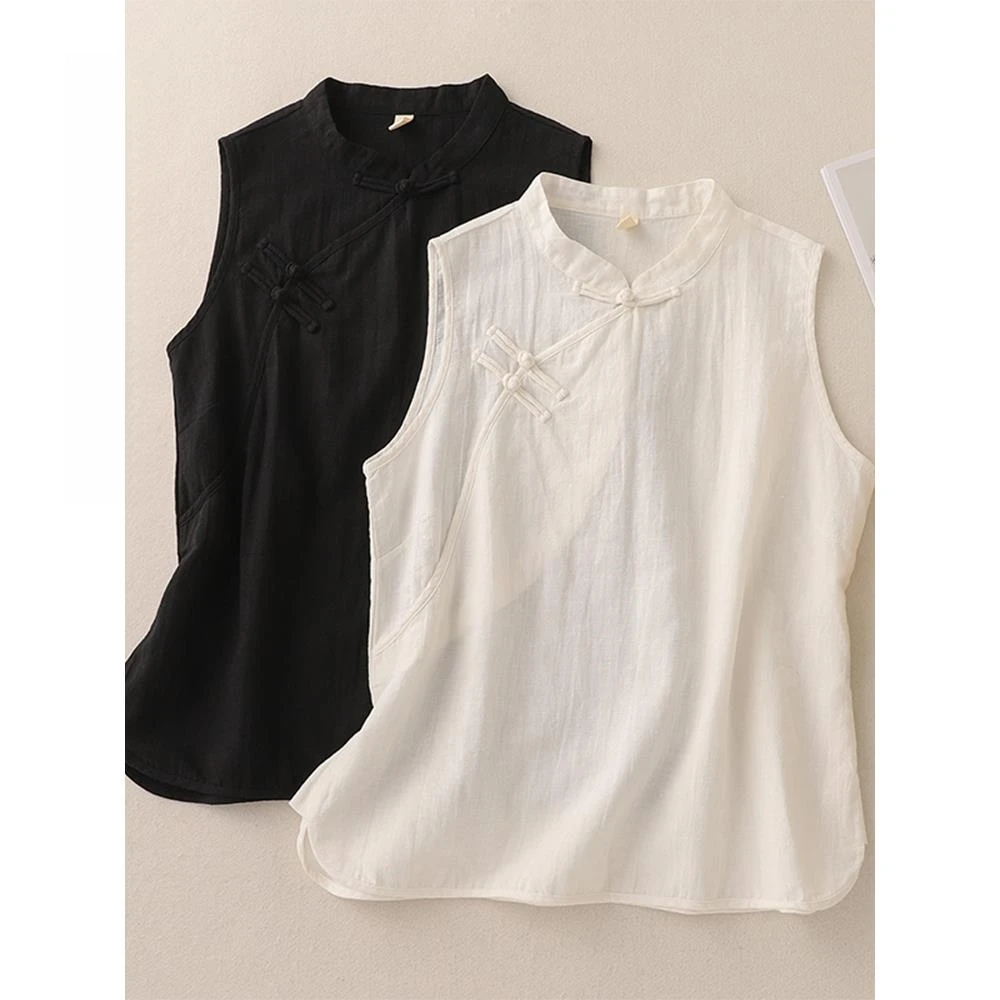 复古新中式棉麻无袖衬衫女夏季国风禅意斜襟盘扣立领亚麻背心上衣