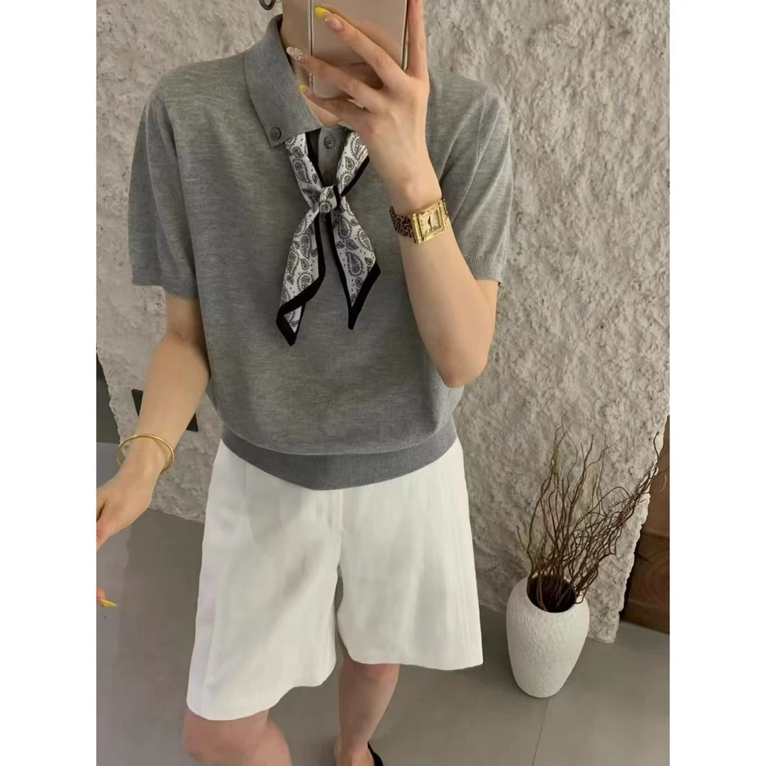 新款气质丝巾翻领针织衫夏季通勤百搭上衣X197