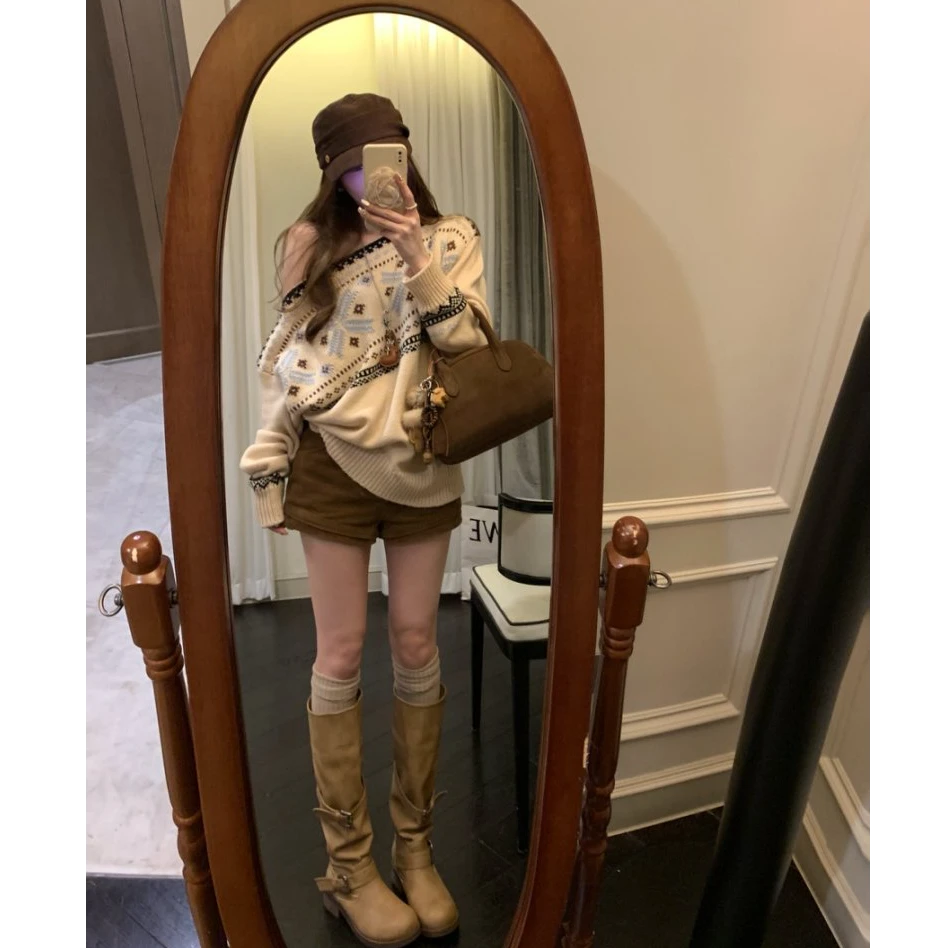 MUKOK羊毛费尔岛提花斜肩毛衣慵懒感宽松复古休闲感针织套装